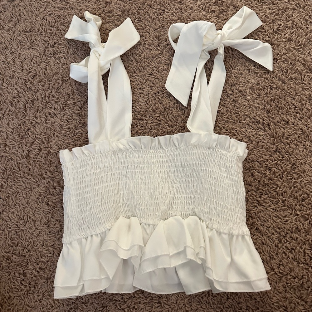 SHEIN White Smocked Ruffled Crop Top